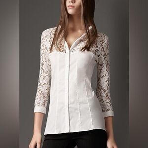Burberry London White Lace Sleeve Button Down Shirt